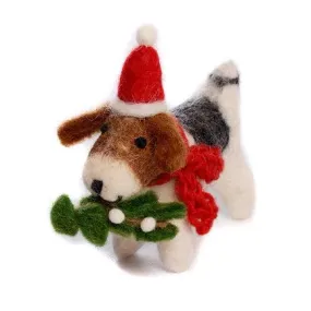 Amica - Fox terrier dog with Mistletoe - felt decoration