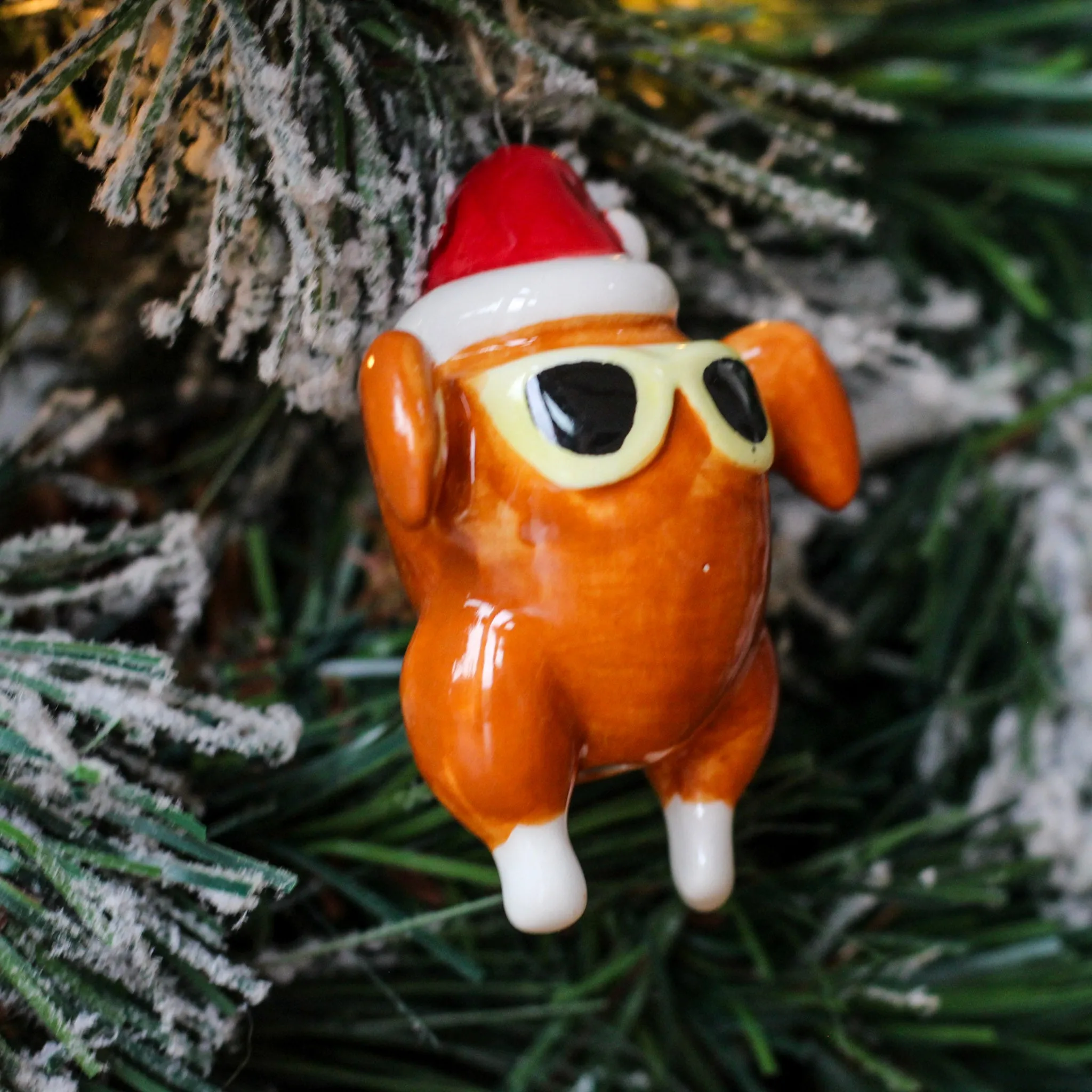 Ceramic Christmas Turkey Ornament With Santa Hat & Sunglasses