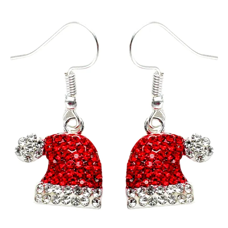 Christmas Jewelry Crystal Rhinestone Hat Dangle Charm Earrings E1230 Red