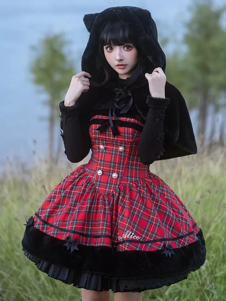 Christmas Red Cat Ears Plush Hemline Plaid Dress Lolita Jumper Skirt