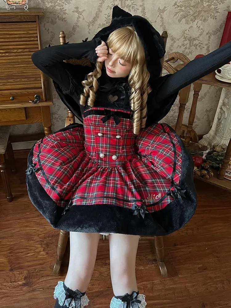 Christmas Red Cat Ears Plush Hemline Plaid Dress Lolita Jumper Skirt