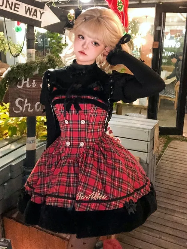 Christmas Red Cat Ears Plush Hemline Plaid Dress Lolita Jumper Skirt