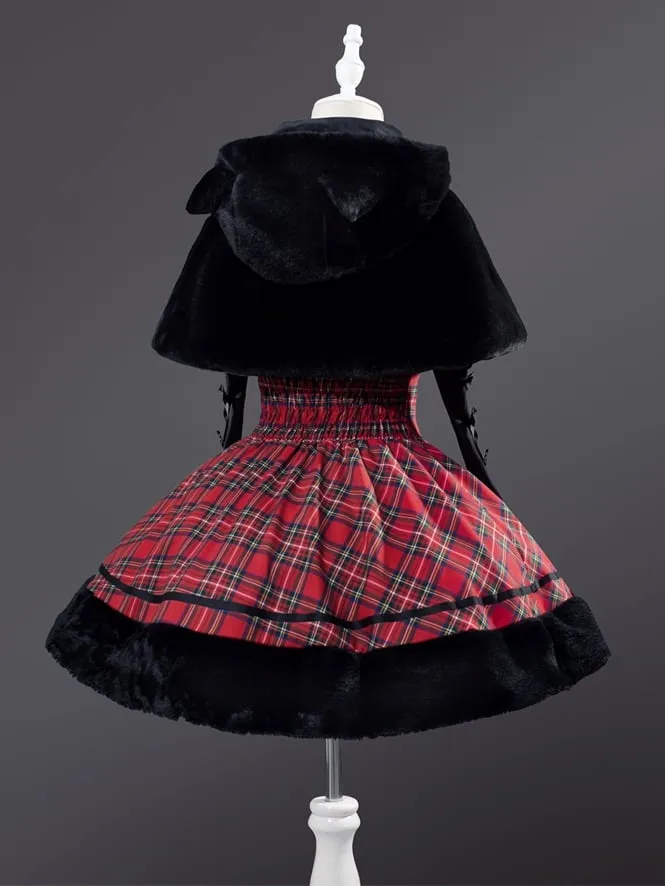 Christmas Red Cat Ears Plush Hemline Plaid Dress Lolita Jumper Skirt