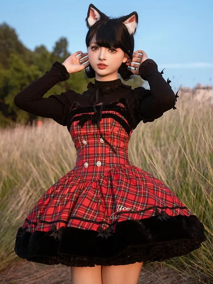 Christmas Red Cat Ears Plush Hemline Plaid Dress Lolita Jumper Skirt