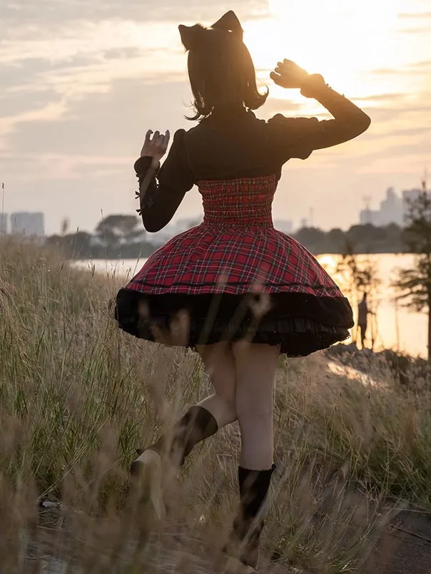 Christmas Red Cat Ears Plush Hemline Plaid Dress Lolita Jumper Skirt
