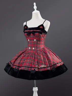 Christmas Red Cat Ears Plush Hemline Plaid Dress Lolita Jumper Skirt