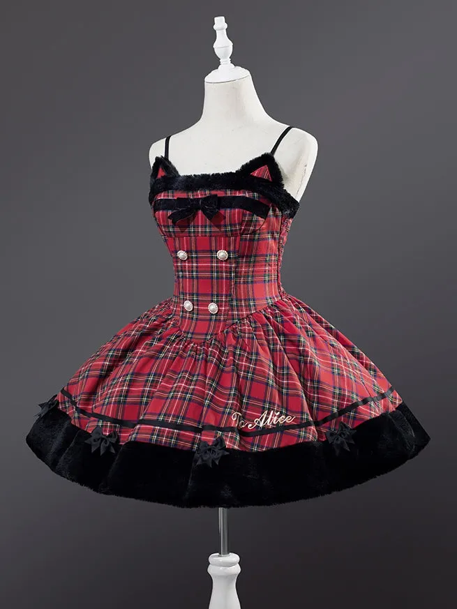Christmas Red Cat Ears Plush Hemline Plaid Dress Lolita Jumper Skirt