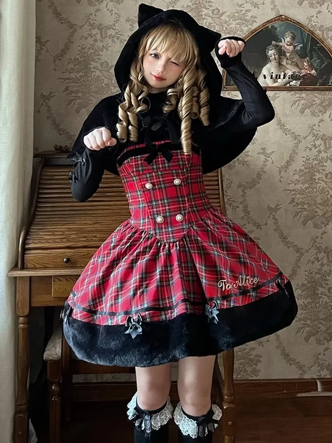 Christmas Red Cat Ears Plush Hemline Plaid Dress Lolita Jumper Skirt