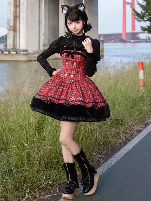 Christmas Red Cat Ears Plush Hemline Plaid Dress Lolita Jumper Skirt