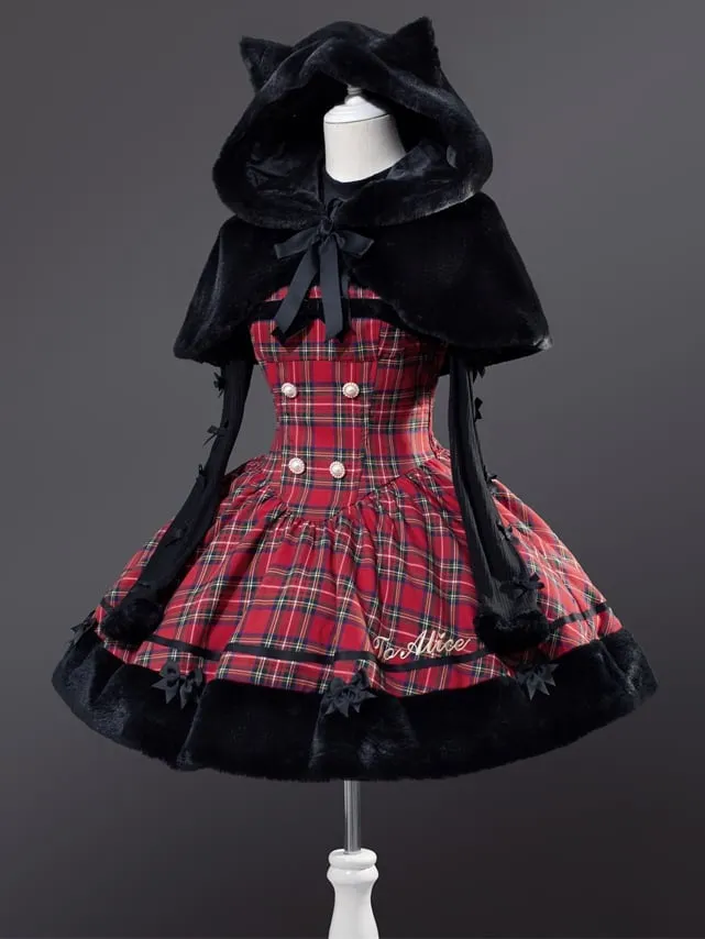 Christmas Red Cat Ears Plush Hemline Plaid Dress Lolita Jumper Skirt