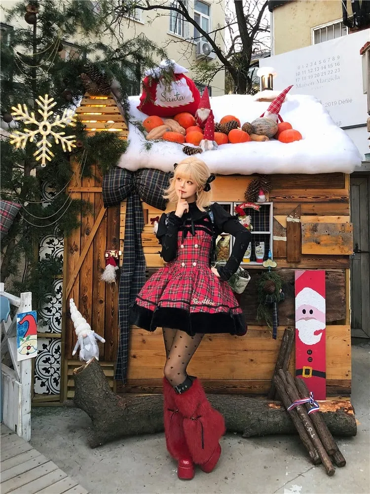 Christmas Red Cat Ears Plush Hemline Plaid Dress Lolita Jumper Skirt