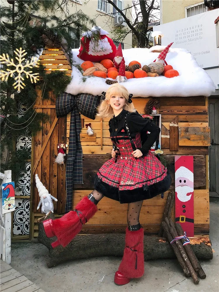 Christmas Red Cat Ears Plush Hemline Plaid Dress Lolita Jumper Skirt