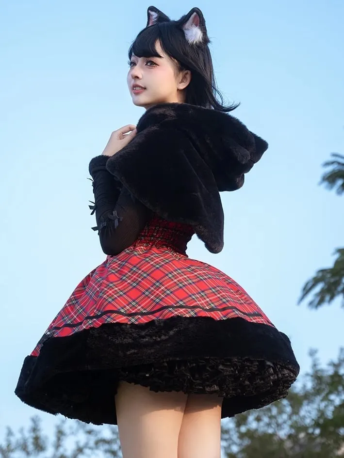 Christmas Red Cat Ears Plush Hemline Plaid Dress Lolita Jumper Skirt