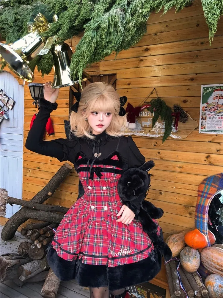 Christmas Red Cat Ears Plush Hemline Plaid Dress Lolita Jumper Skirt