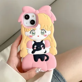 Cute Adorable Anime Girl Black Cat Phone Case Cover For iPhone 15 14 13 12 11 Pro Max