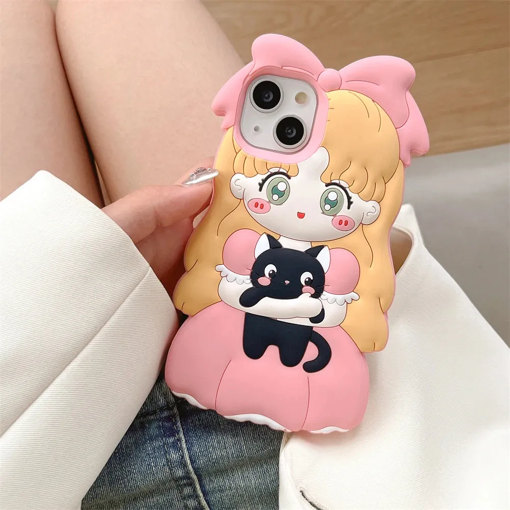 Cute Adorable Anime Girl Black Cat Phone Case Cover For iPhone 15 14 13 12 11 Pro Max
