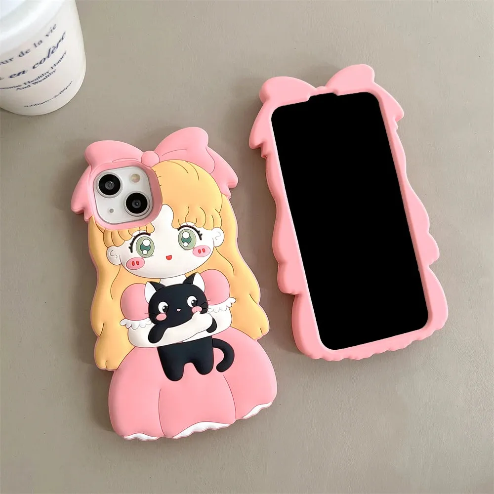 Cute Adorable Anime Girl Black Cat Phone Case Cover For iPhone 15 14 13 12 11 Pro Max