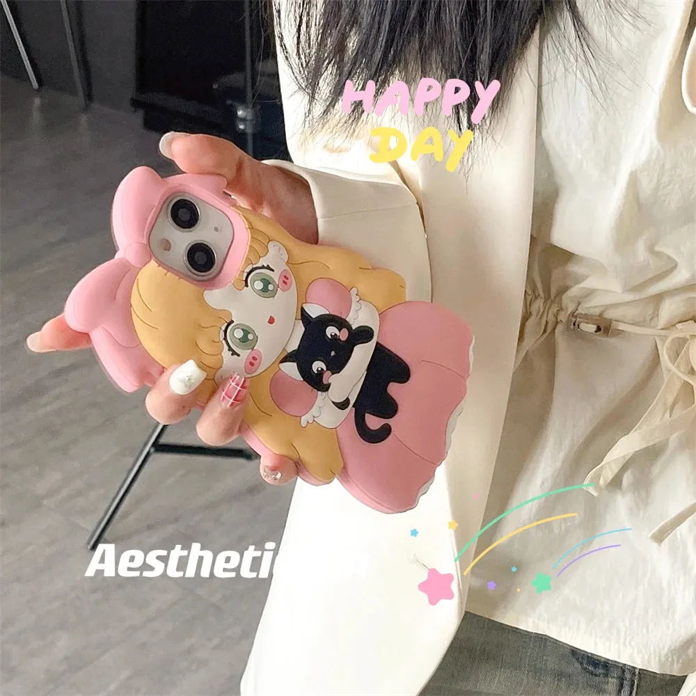 Cute Adorable Anime Girl Black Cat Phone Case Cover For iPhone 15 14 13 12 11 Pro Max