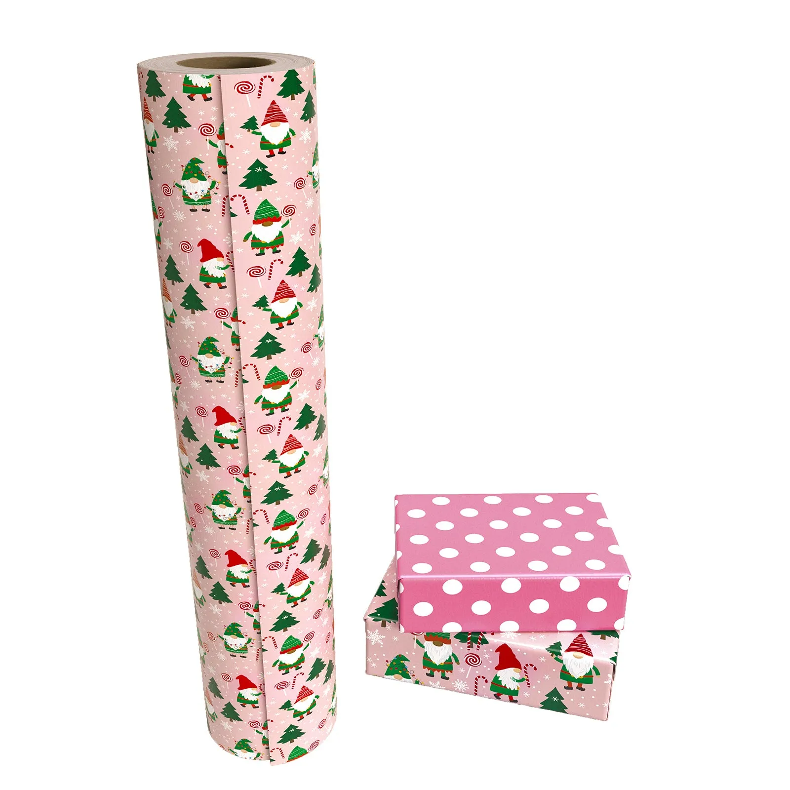 Cute Gnomes Christmas Wrapping Paper Roll with Golden Carnival on Reverse