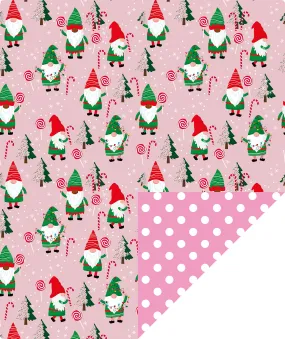 Cute Gnomes Christmas Wrapping Paper Roll with Golden Carnival on Reverse