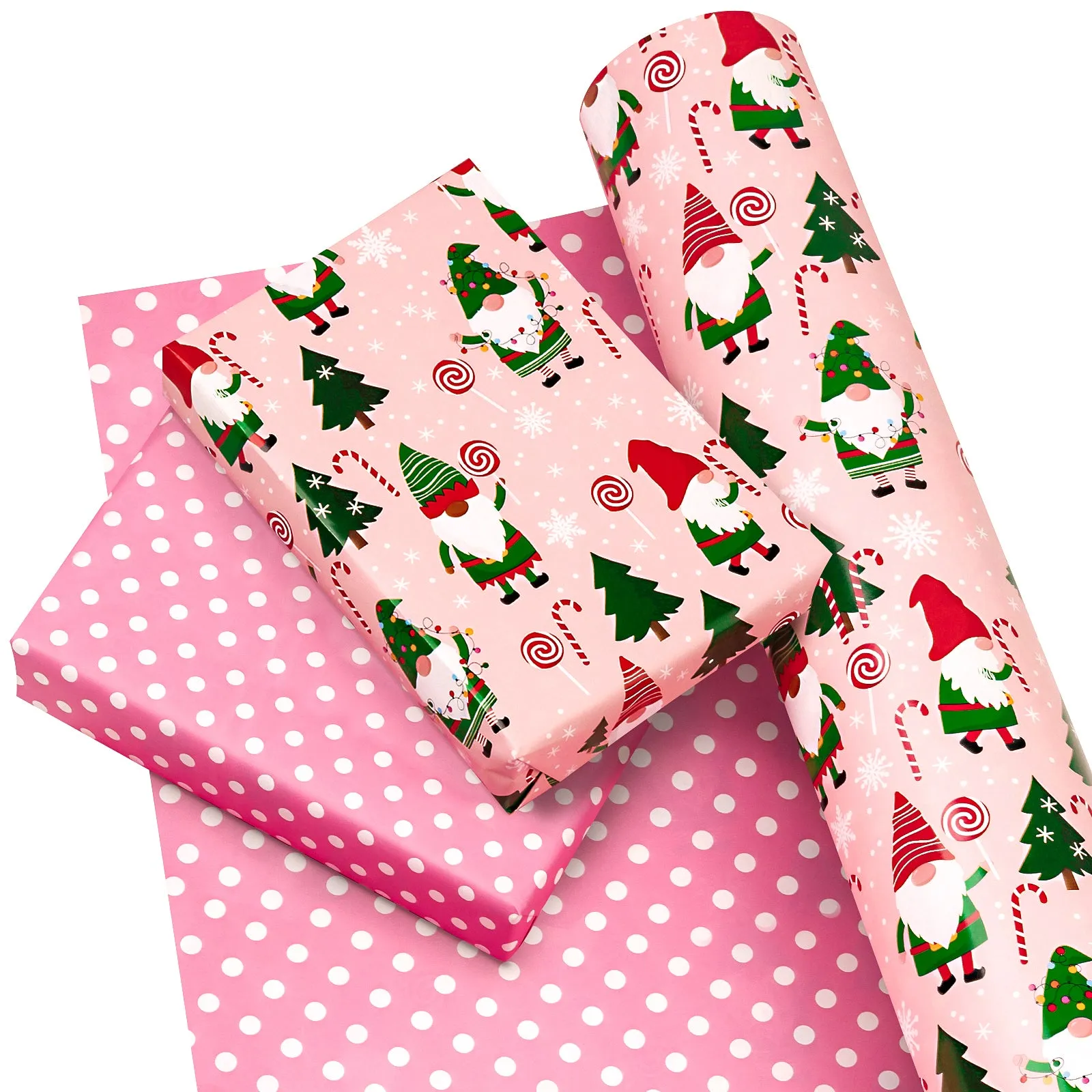 Cute Gnomes Christmas Wrapping Paper Roll with Golden Carnival on Reverse