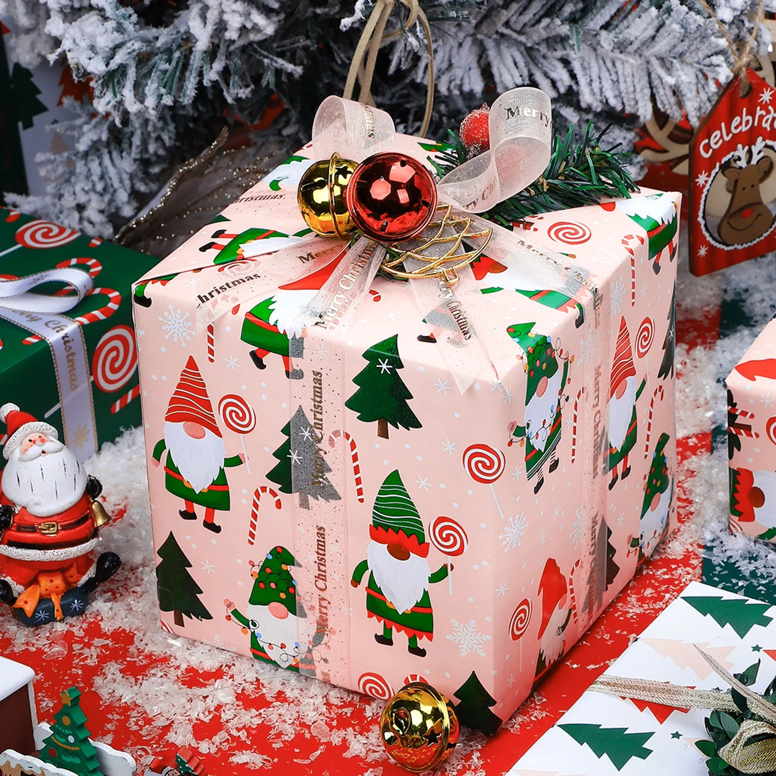 Cute Gnomes Christmas Wrapping Paper Roll with Golden Carnival on Reverse