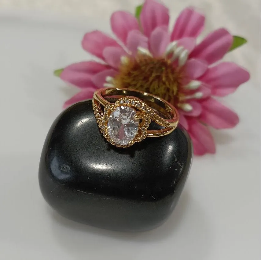 CZ Gold Plated Floral Oval Shaped Finger Ring