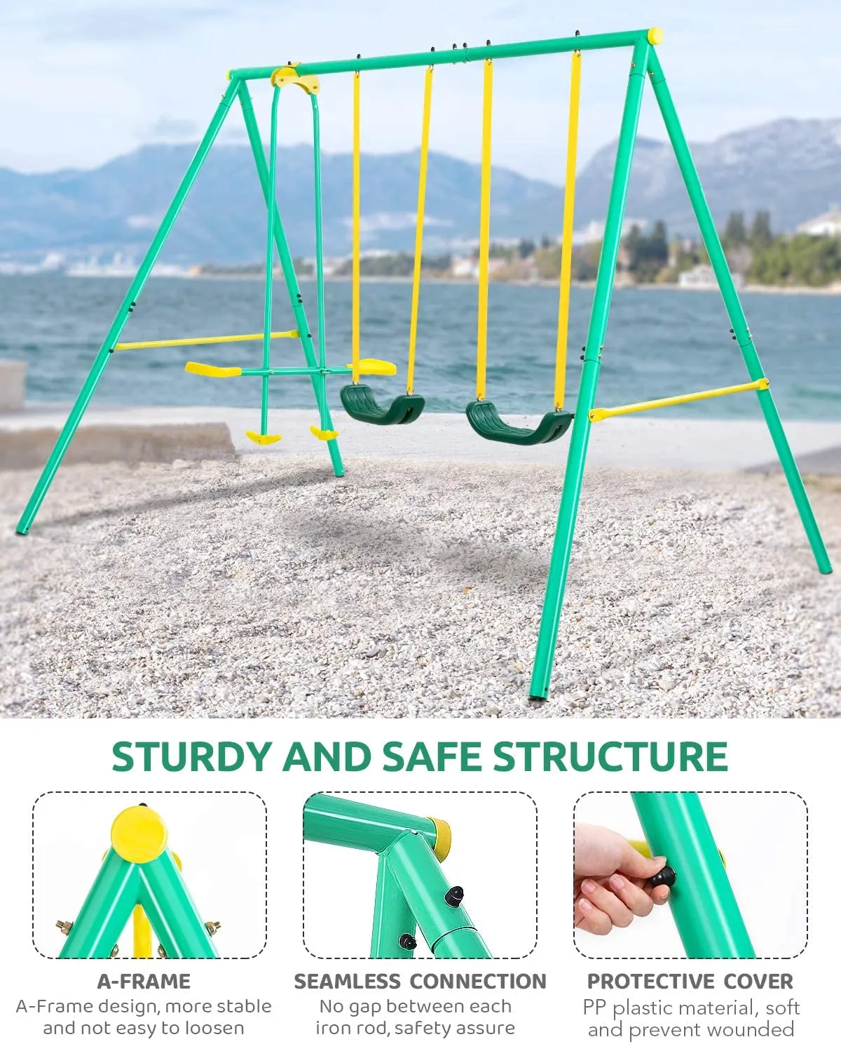 Metal Swing Set Outdoor Backyard Playground Swing Set 2 Seats with A Swing Glider for 3-12 Year Old Kids, Toddlers, Max Weight 400 LBS