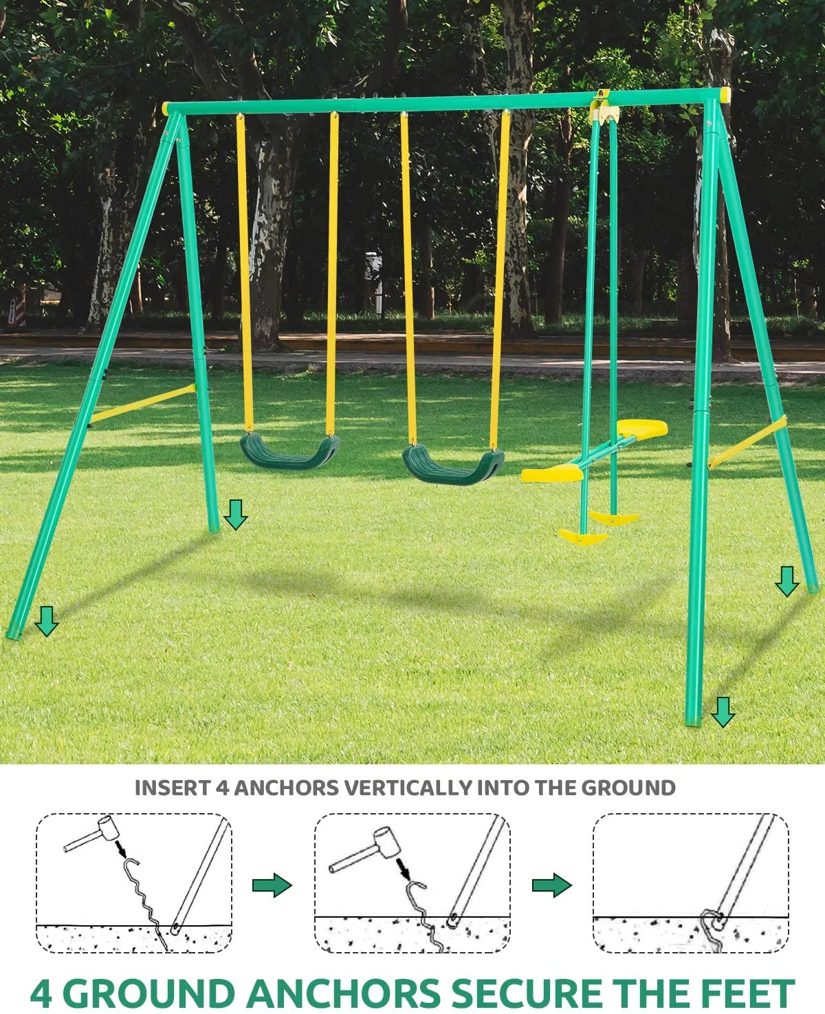 Metal Swing Set Outdoor Backyard Playground Swing Set 2 Seats with A Swing Glider for 3-12 Year Old Kids, Toddlers, Max Weight 400 LBS