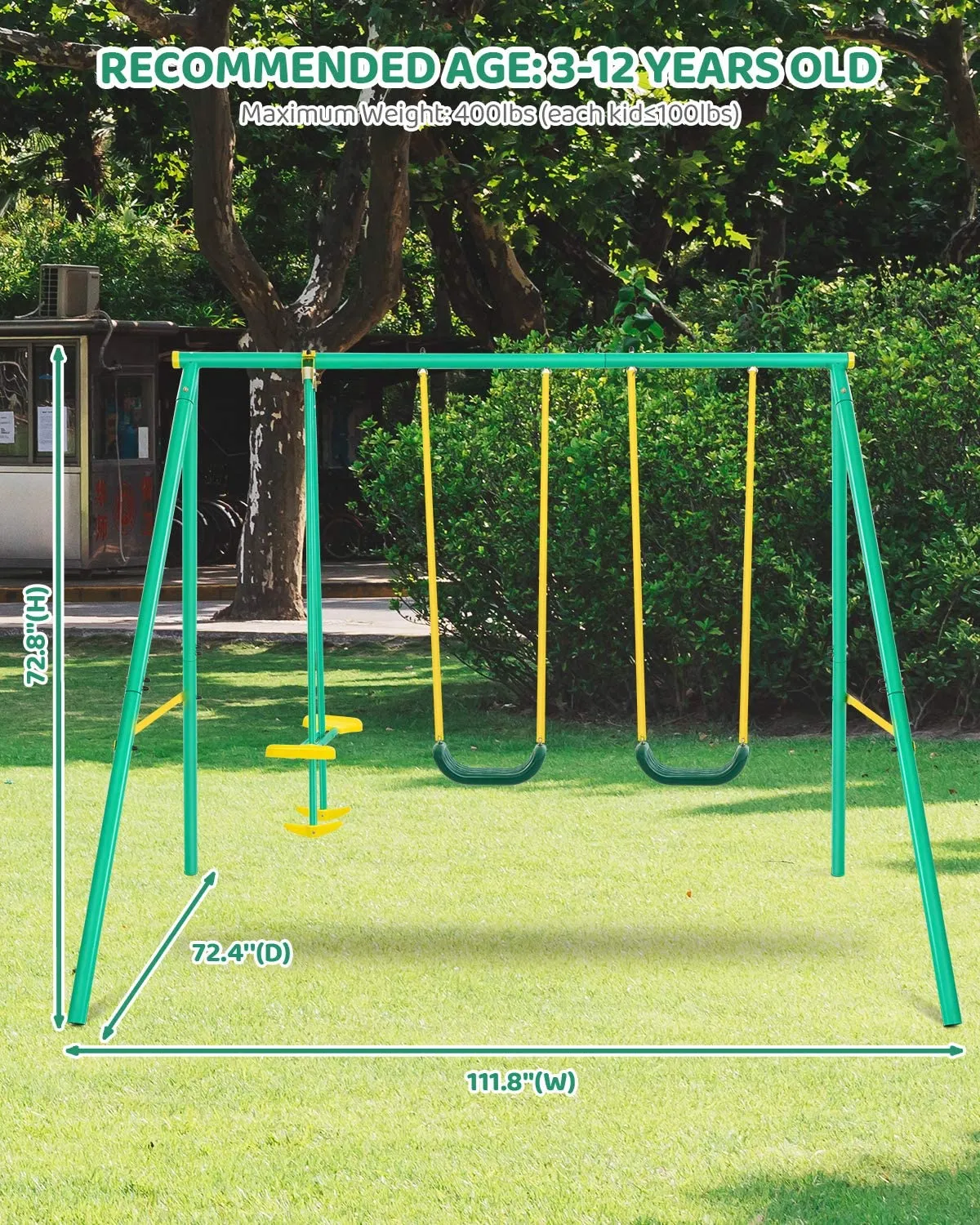 Metal Swing Set Outdoor Backyard Playground Swing Set 2 Seats with A Swing Glider for 3-12 Year Old Kids, Toddlers, Max Weight 400 LBS