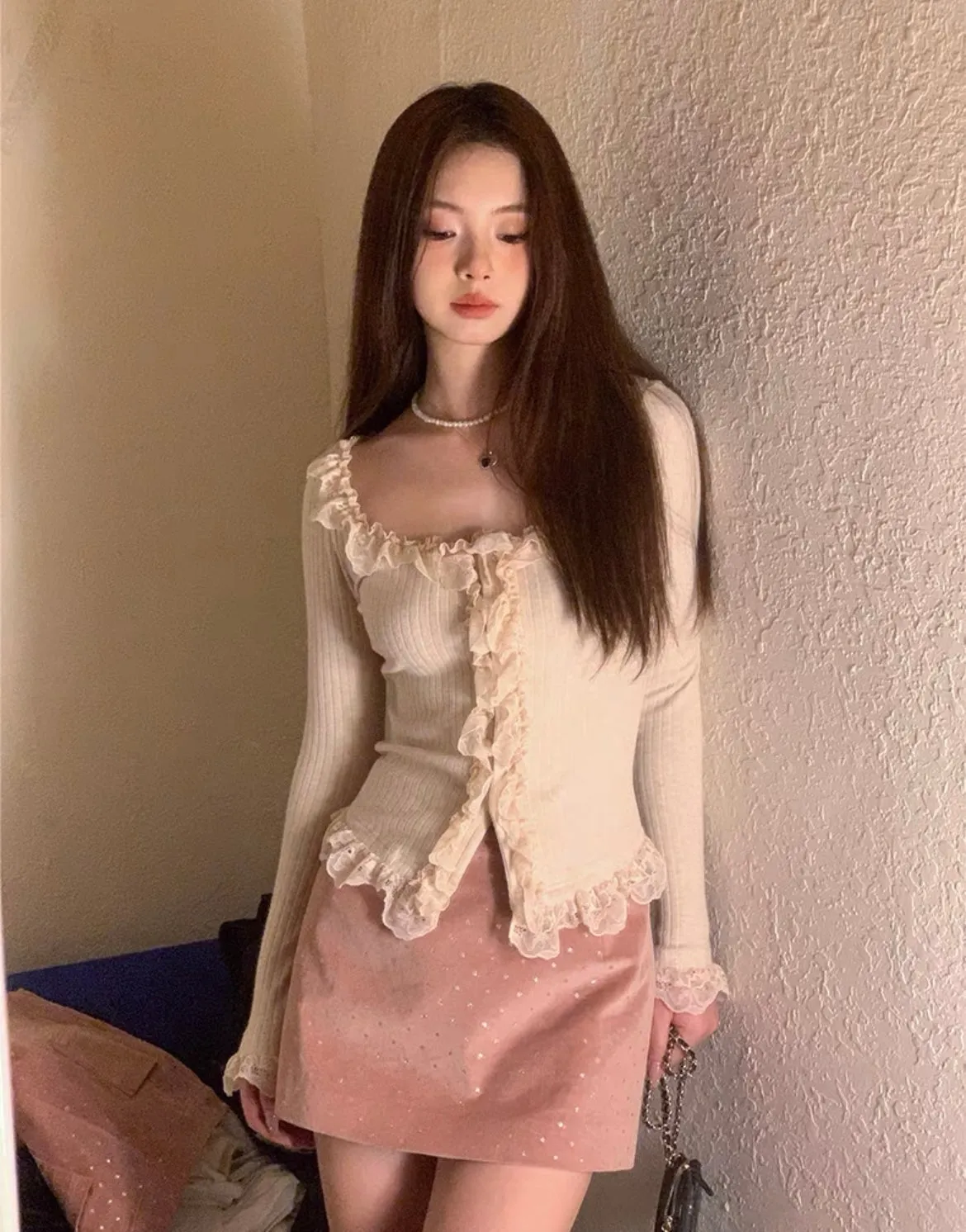 [Mummy Cat] Peachy Pink Lace Top