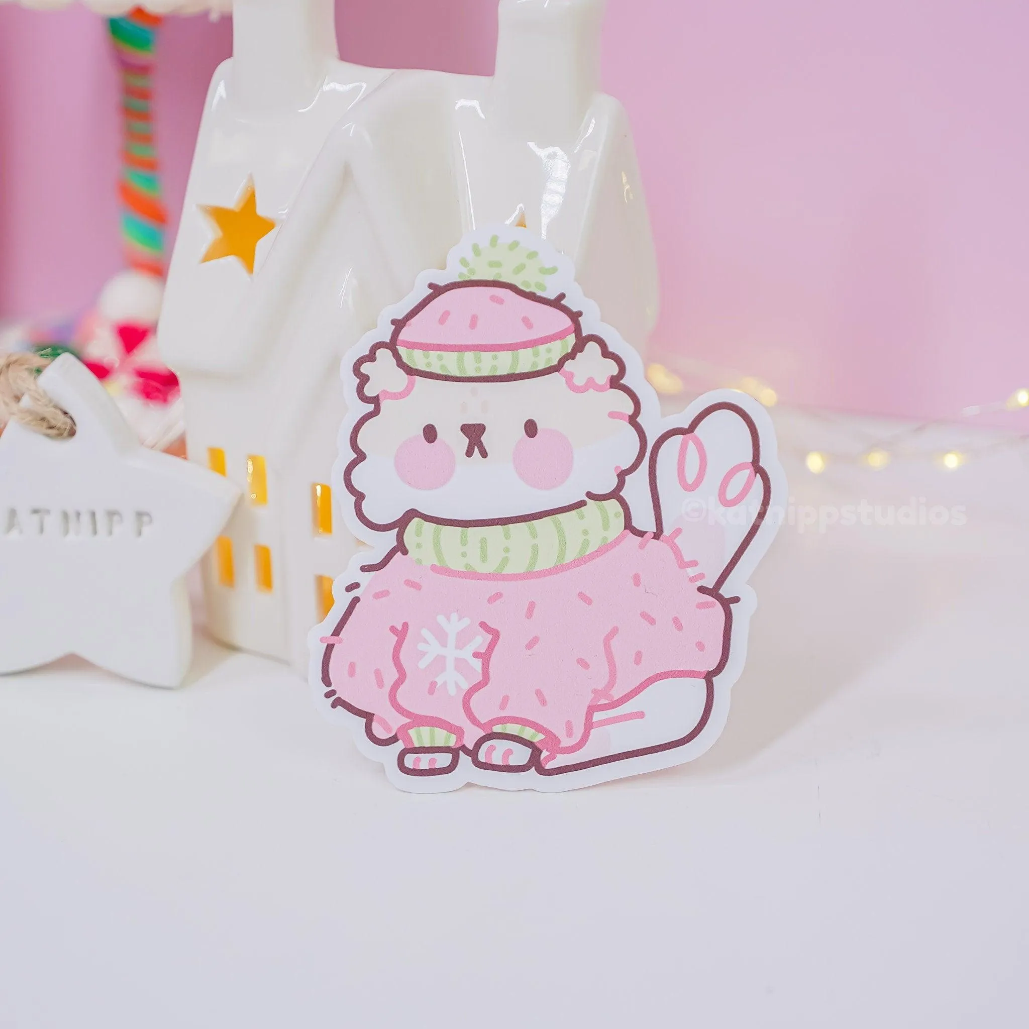 Puddin the Dog Christmas Sticker | Kawaii Winter Die-Cut Vinyl | Cozy Holiday Decor