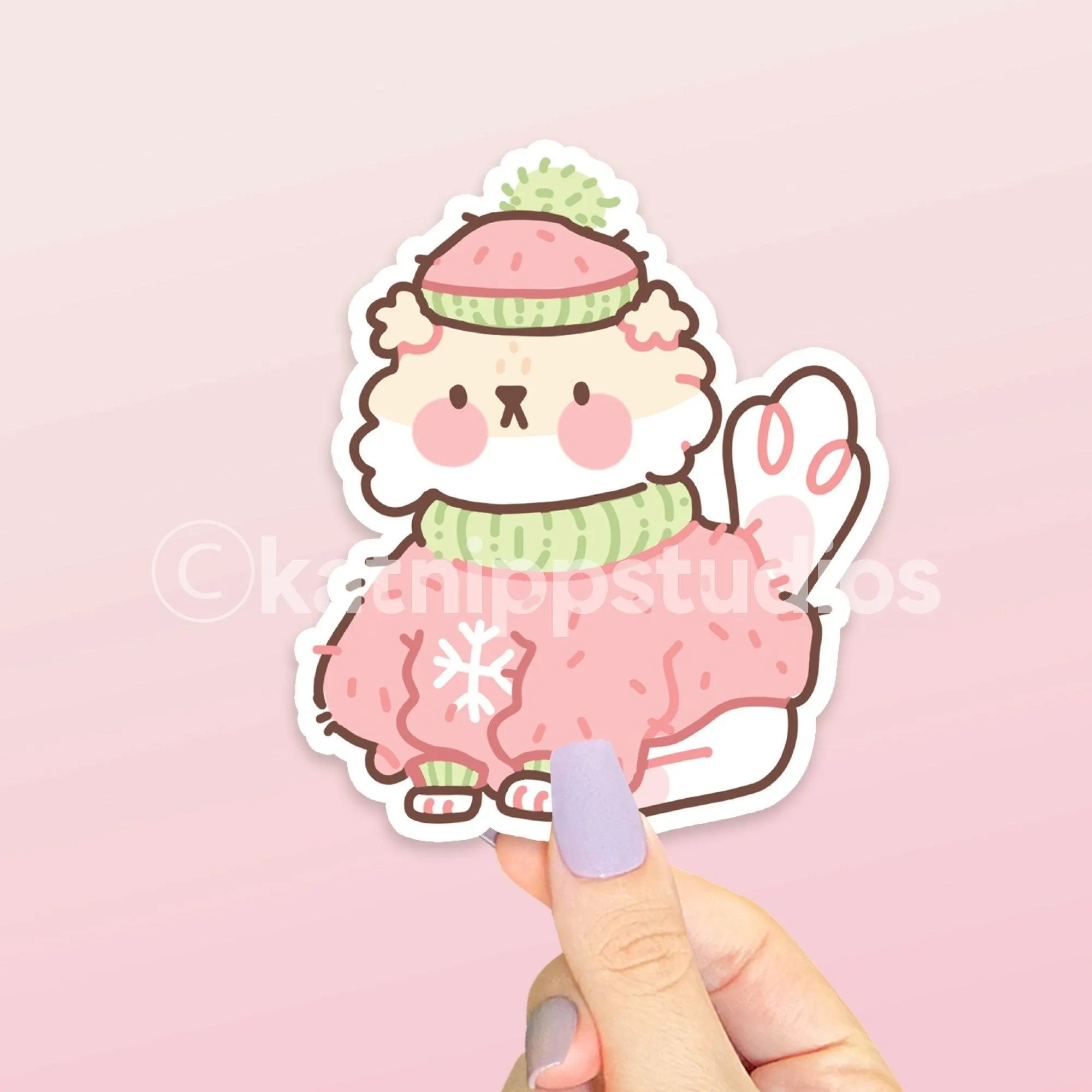 Puddin the Dog Christmas Sticker | Kawaii Winter Die-Cut Vinyl | Cozy Holiday Decor