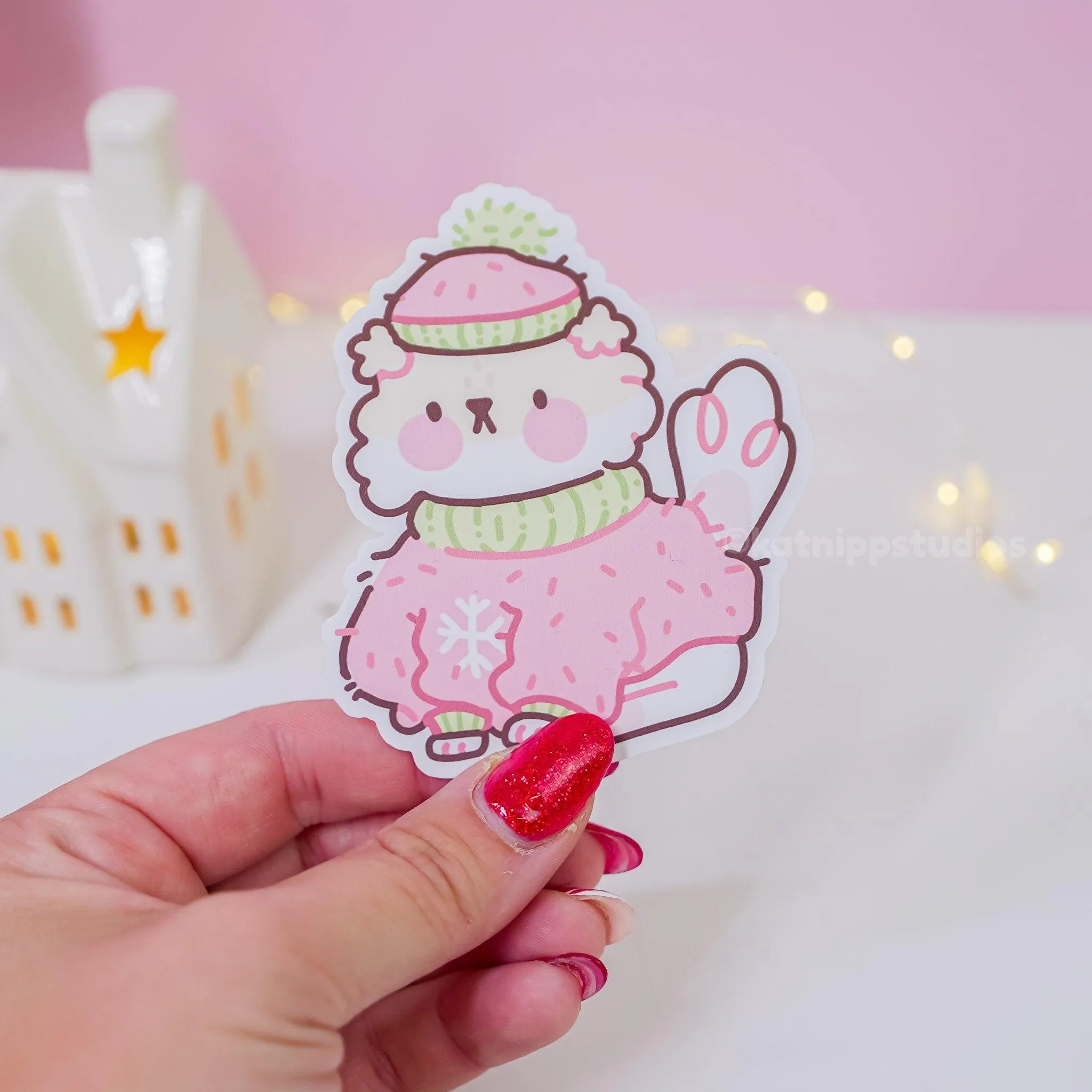 Puddin the Dog Christmas Sticker | Kawaii Winter Die-Cut Vinyl | Cozy Holiday Decor