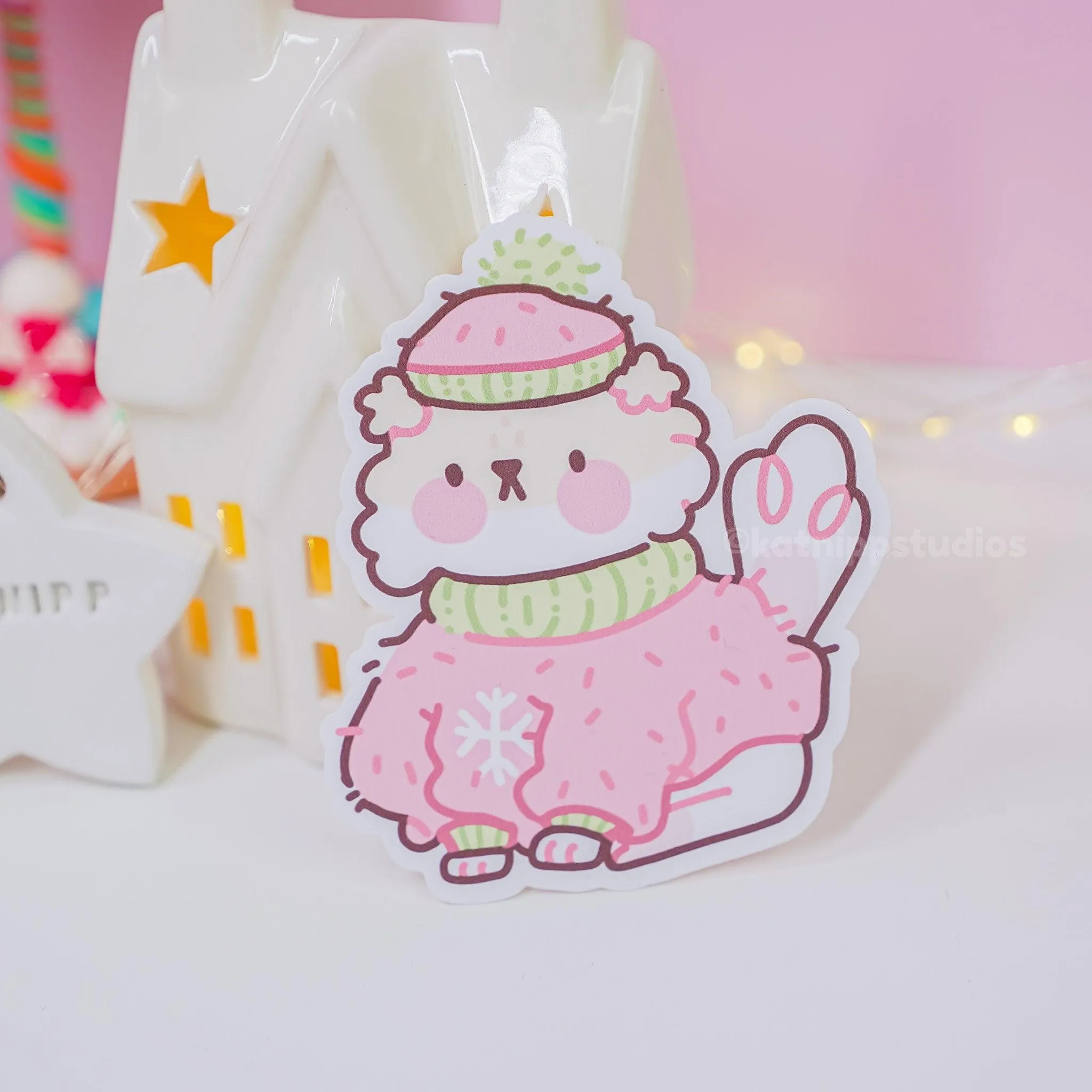 Puddin the Dog Christmas Sticker | Kawaii Winter Die-Cut Vinyl | Cozy Holiday Decor