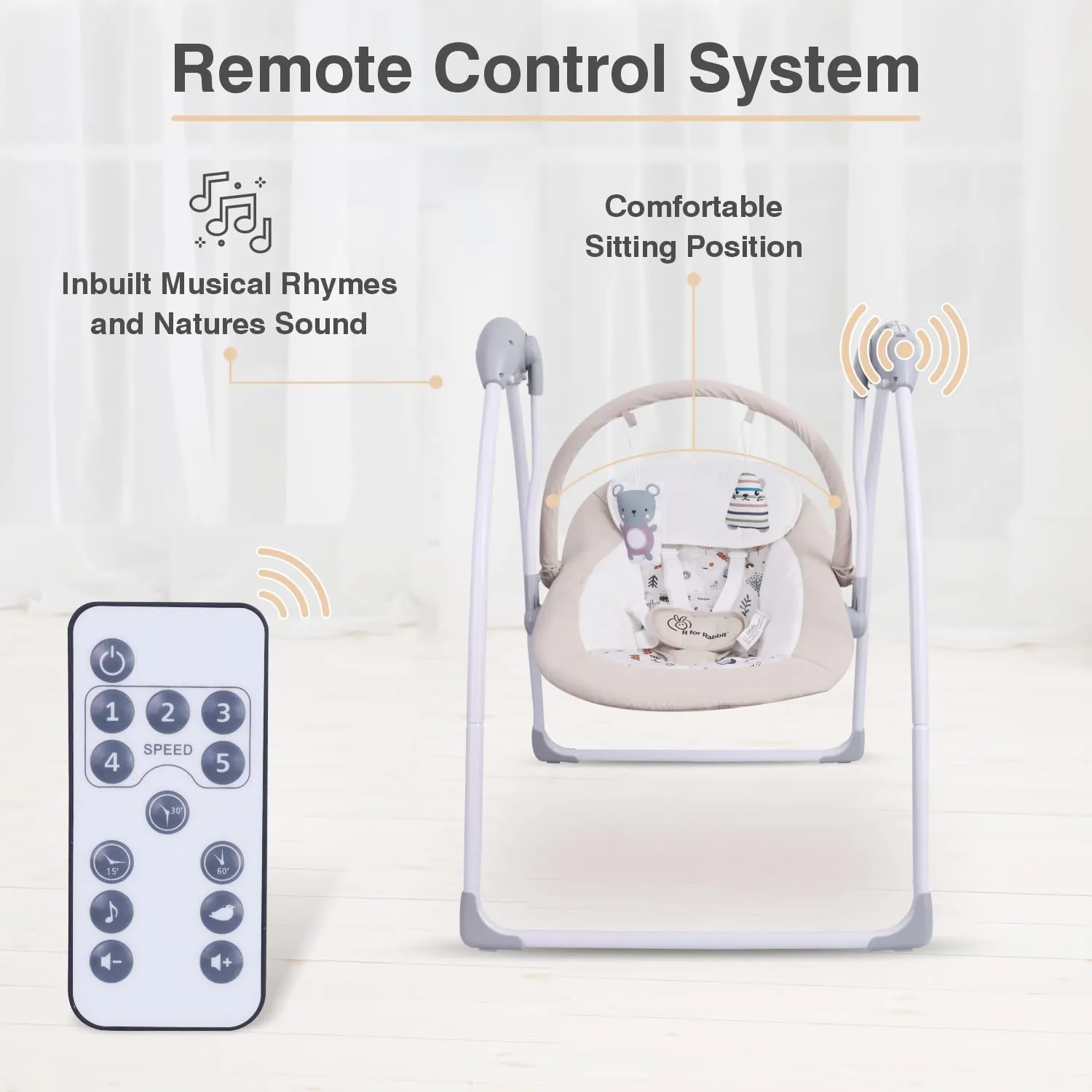 R for Rabbit Snicker The Playful Automatic Baby Swing with Hanging Toys and Remote Control Swing for Newborn Baby with 6 Month Warranty (Beige)