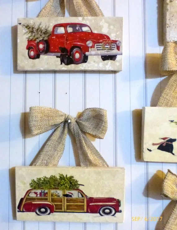 Red Truck tile sign, Black lab art, Subway Tile sign