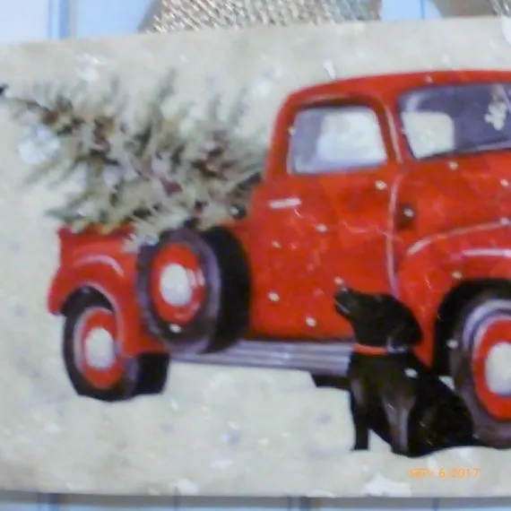 Red Truck tile sign, Black lab art, Subway Tile sign