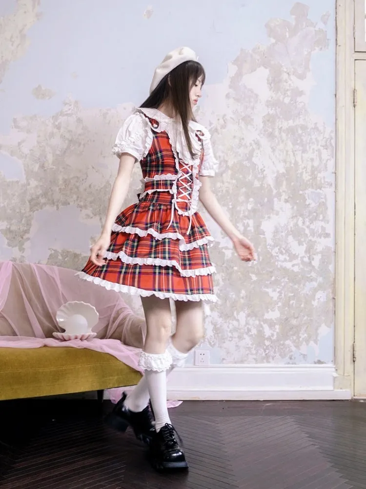 Retro Plaid Cat Print Ruffle Lace Cake Dress【s0000003815】