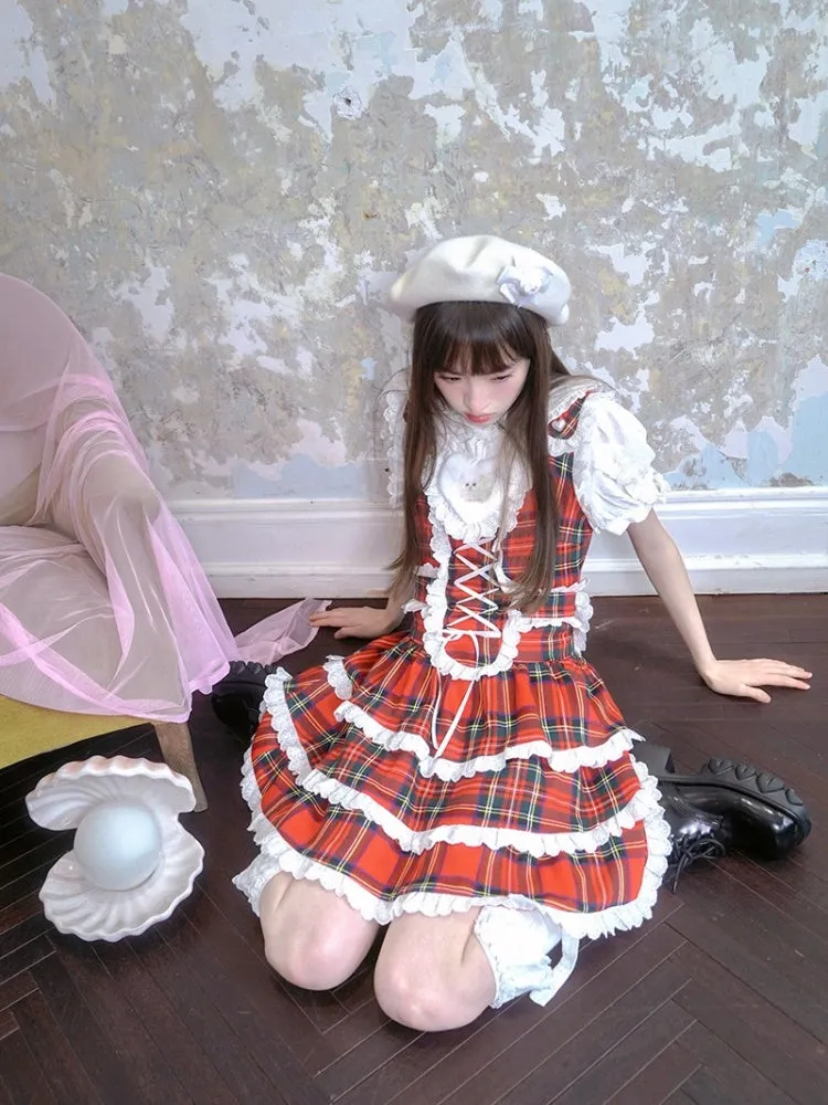 Retro Plaid Cat Print Ruffle Lace Cake Dress【s0000003815】