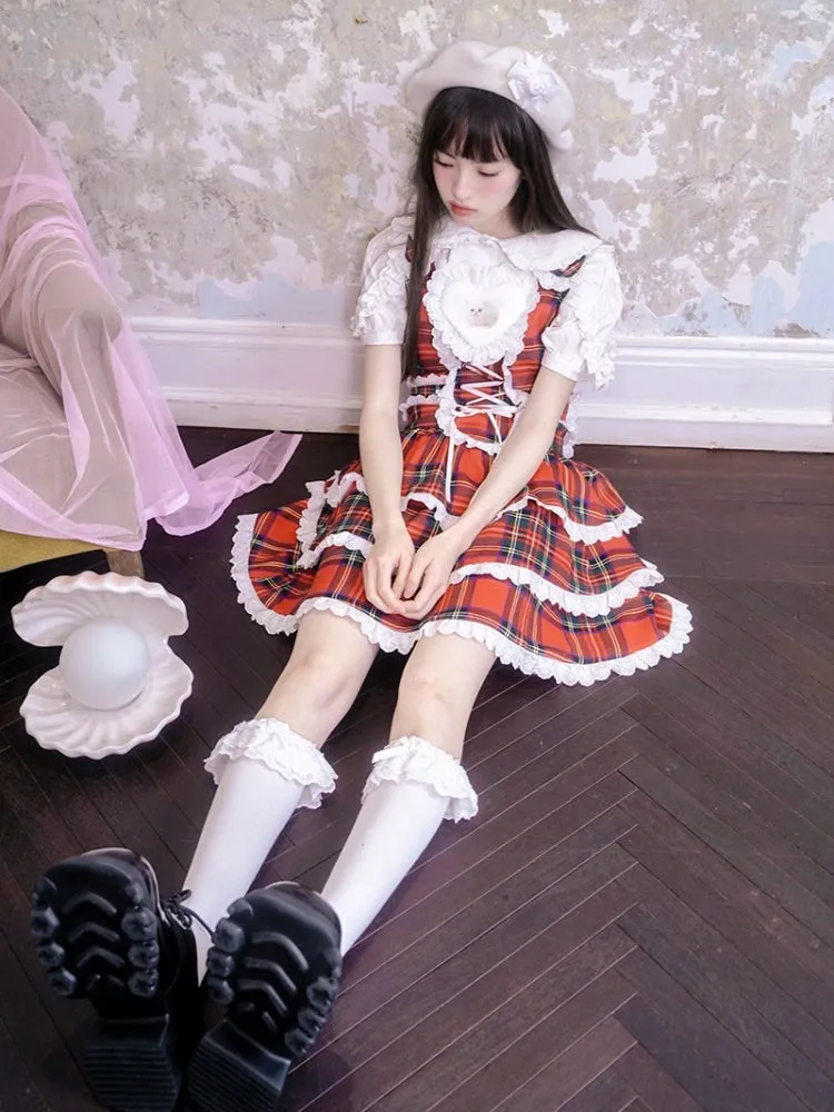 Retro Plaid Cat Print Ruffle Lace Cake Dress【s0000003815】