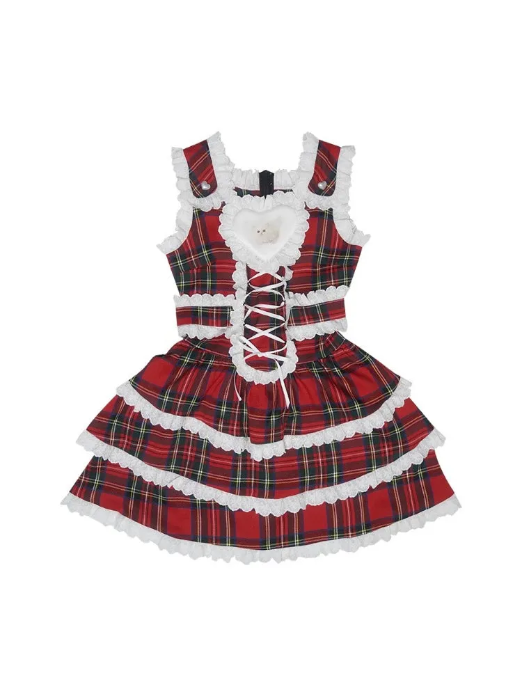 Retro Plaid Cat Print Ruffle Lace Cake Dress【s0000003815】