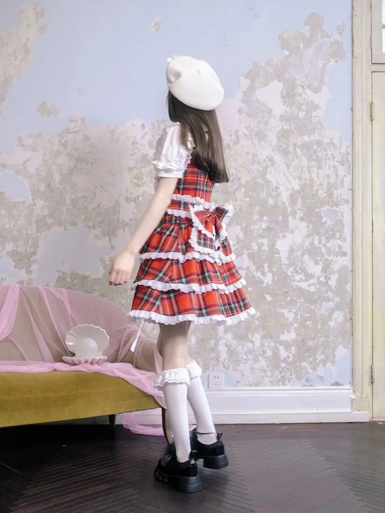 Retro Plaid Cat Print Ruffle Lace Cake Dress【s0000003815】