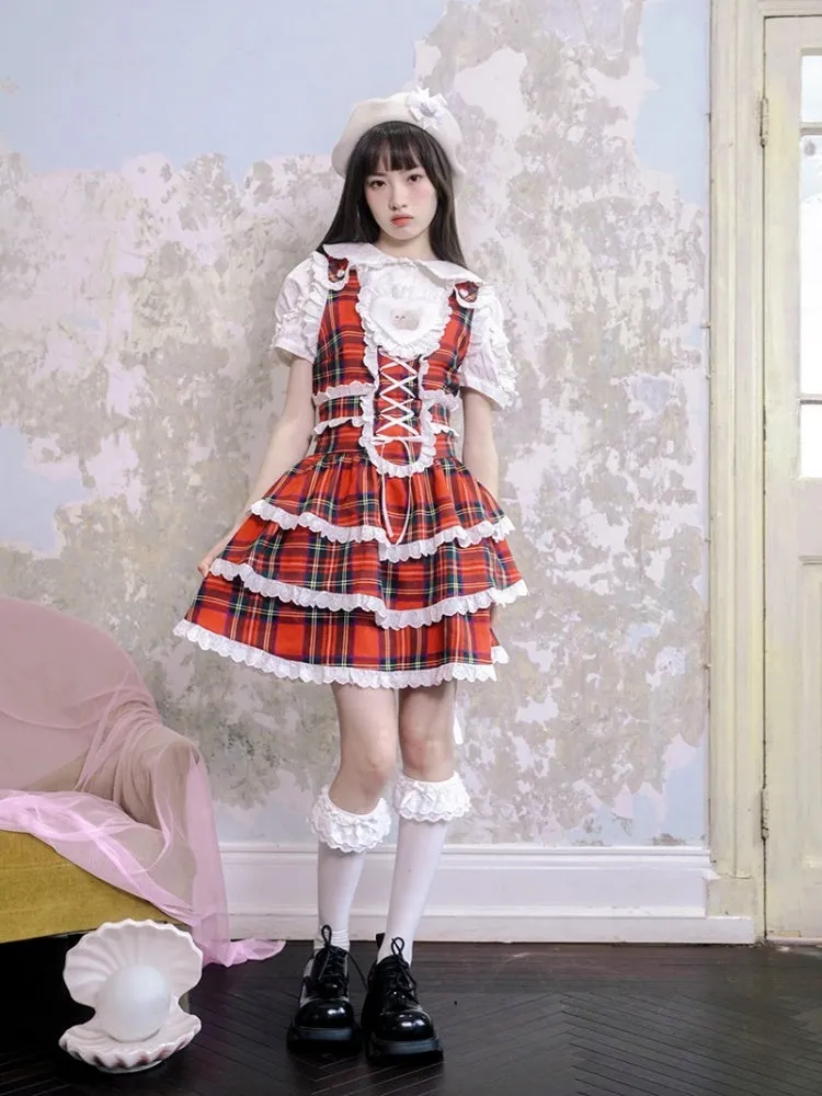 Retro Plaid Cat Print Ruffle Lace Cake Dress【s0000003815】