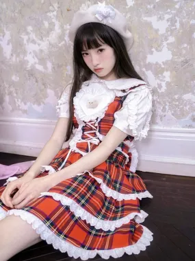Retro Plaid Cat Print Ruffle Lace Cake Dress【s0000003815】