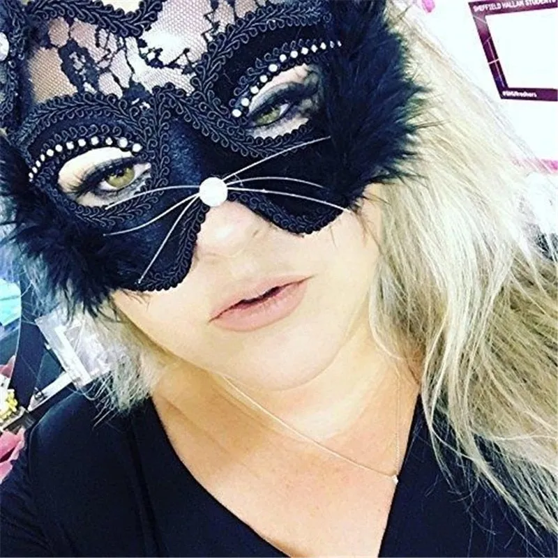 Takerlama Luxury Venetian Masquerade Mask Women Girls Sexy Lace Black Cat Eye Mask for Fancy Dress Christmas Halloween Party