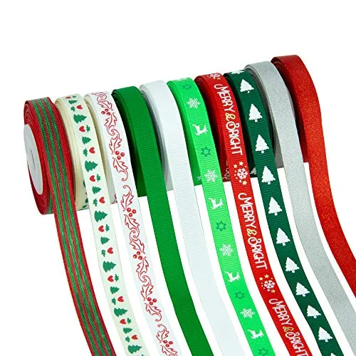 VATIN 20 Rolls 110 Yards Christmas Ribbons Printed Grosgrain Ribbon Polyester Satin Ribbon Sheer Organze Ribbon 3/8" Wide Xmas Ribbon Set for Christmas Gift Box Wrapping,Sewing,Hair Banding,DIY Craft