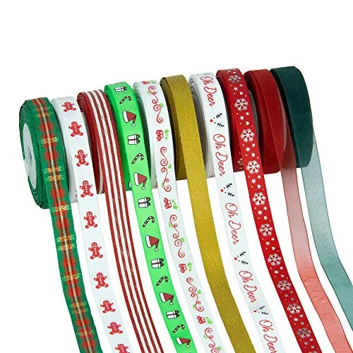 VATIN 20 Rolls 110 Yards Christmas Ribbons Printed Grosgrain Ribbon Polyester Satin Ribbon Sheer Organze Ribbon 3/8" Wide Xmas Ribbon Set for Christmas Gift Box Wrapping,Sewing,Hair Banding,DIY Craft