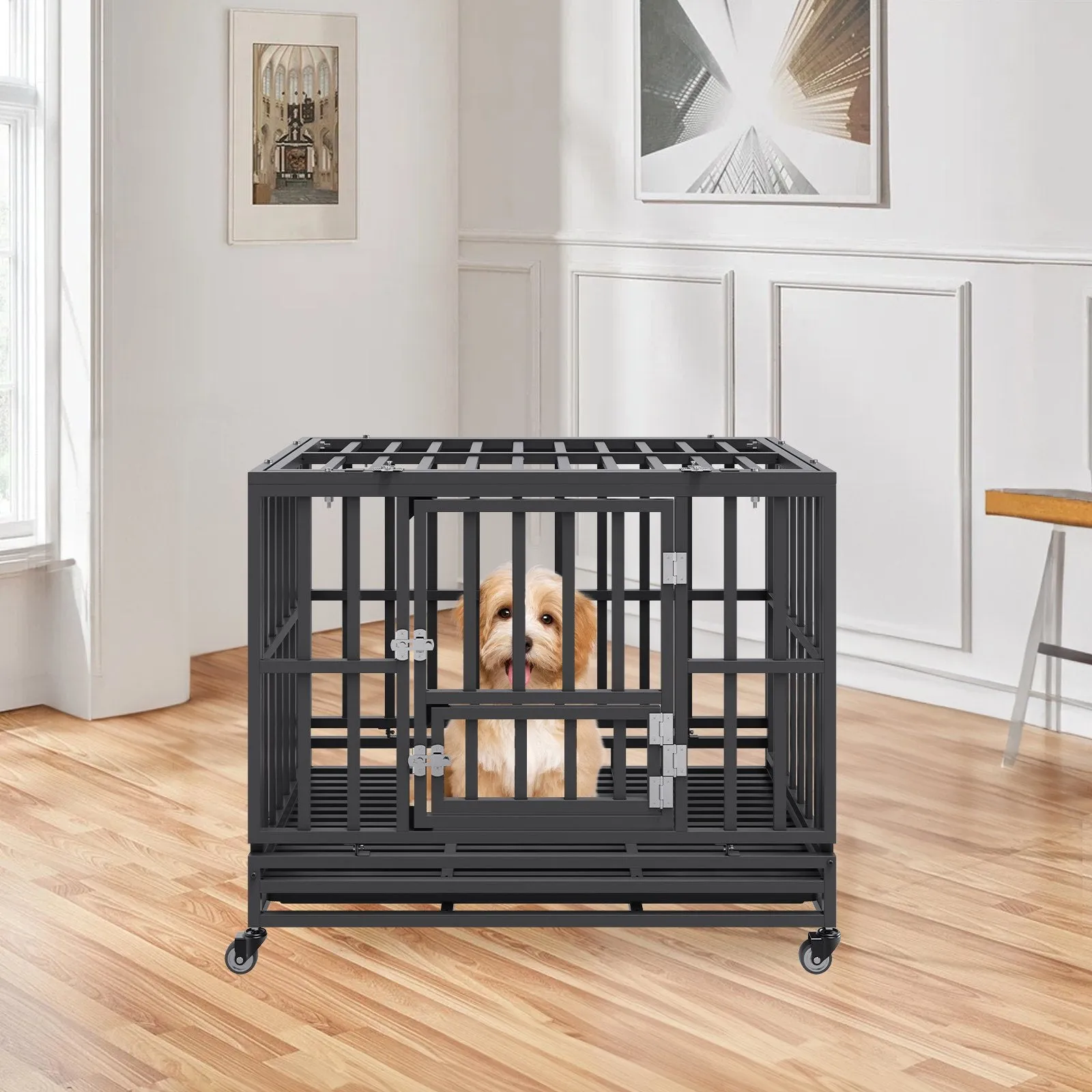 Vevor Dog Crate Heavy Duty 38" 3 Door with Lockable Wheels for Medium to Large Dogs New