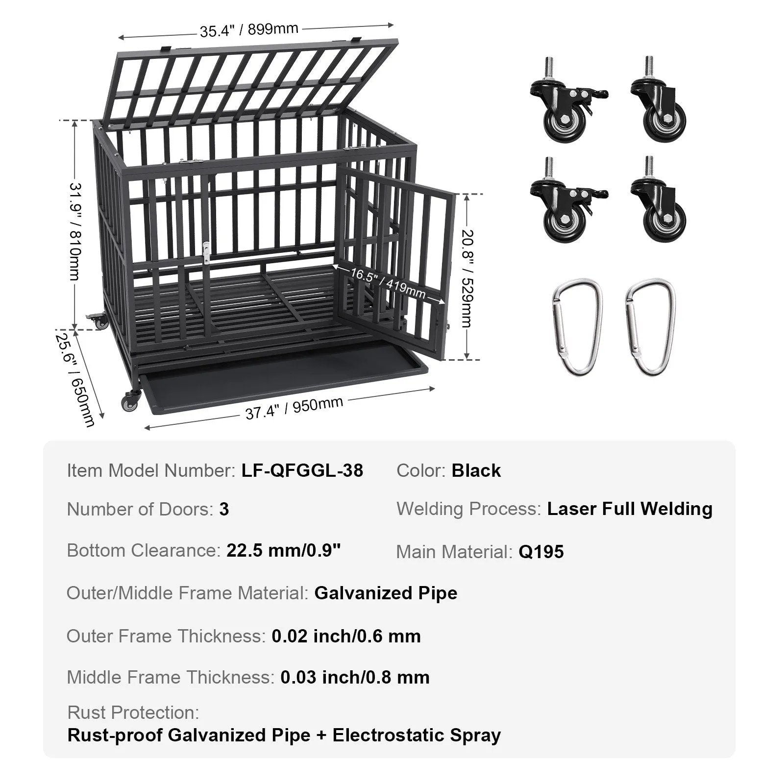 Vevor Dog Crate Heavy Duty 38" 3 Door with Lockable Wheels for Medium to Large Dogs New
